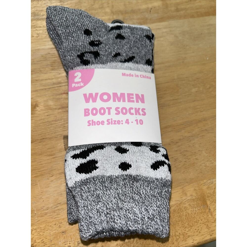 New Women’s Boot Socks 2 Pair Pack Grey Printed Thick Warm Long Socks SZ 4-10